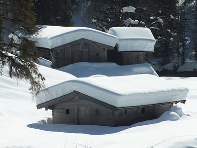 Inverno, cabana, neve, tempo bom, desportos de inverno, dia de sonho, montanhas