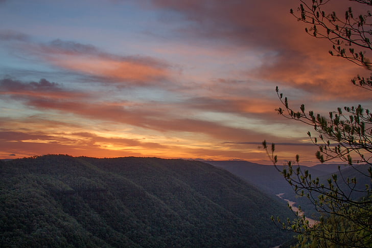 pôr do sol, Grandview, Calma, ao ar livre, New river gorge, Rio nacional, Virgínia Ocidental