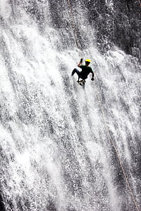 rappelling, waterfall, adventure, rope, man, sports, water