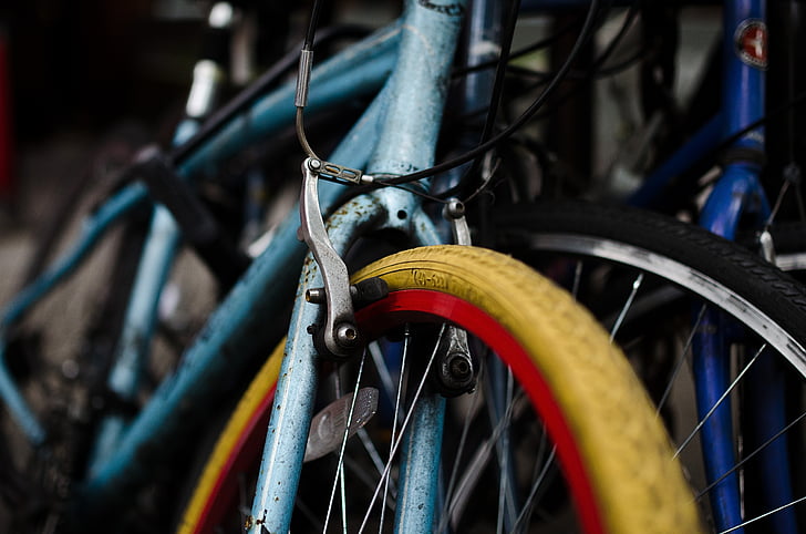 bicikli, bicikl, bicikl gume, kočnica, zatvoriti, ciklus, stalak