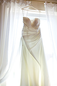 vjenčanje, haljina, zavjese, bijeli, brak, prozor, u zatvorenom prostoru