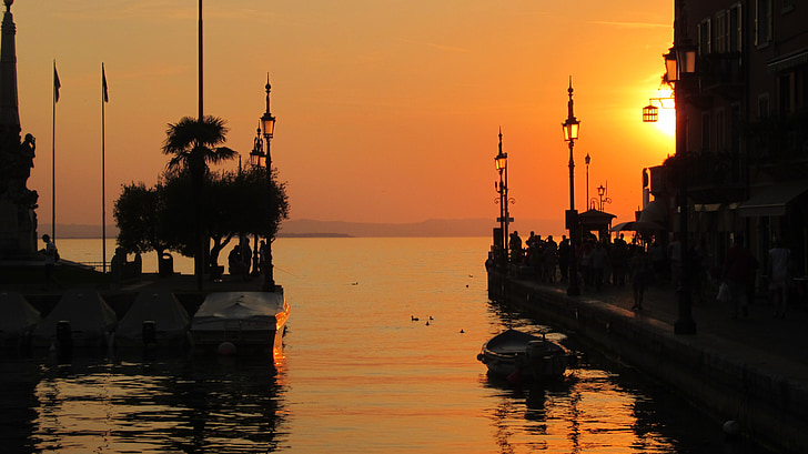naplemente, kikötő, romantikus, táj, turizmus