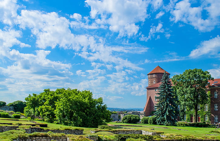 Kraków, ville, Château, Pologne, l’Europe, nuages, sites touristiques