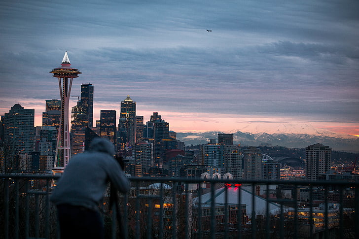 espacio, aguja, Seattle, Washington, arquitectura, puesta de sol, ciudad
