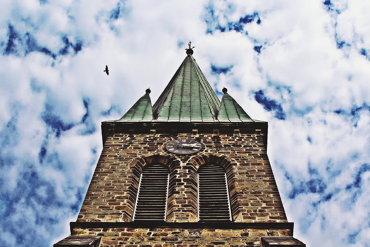 church, clouds, sky, bird, steeple, mood, blue