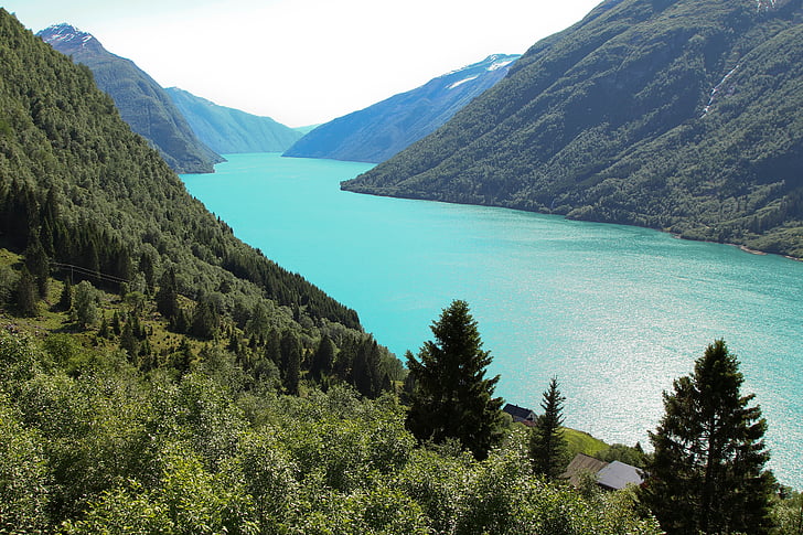 Luchtfoto, foto, berghelling, rivier, dag, Lake, blauw