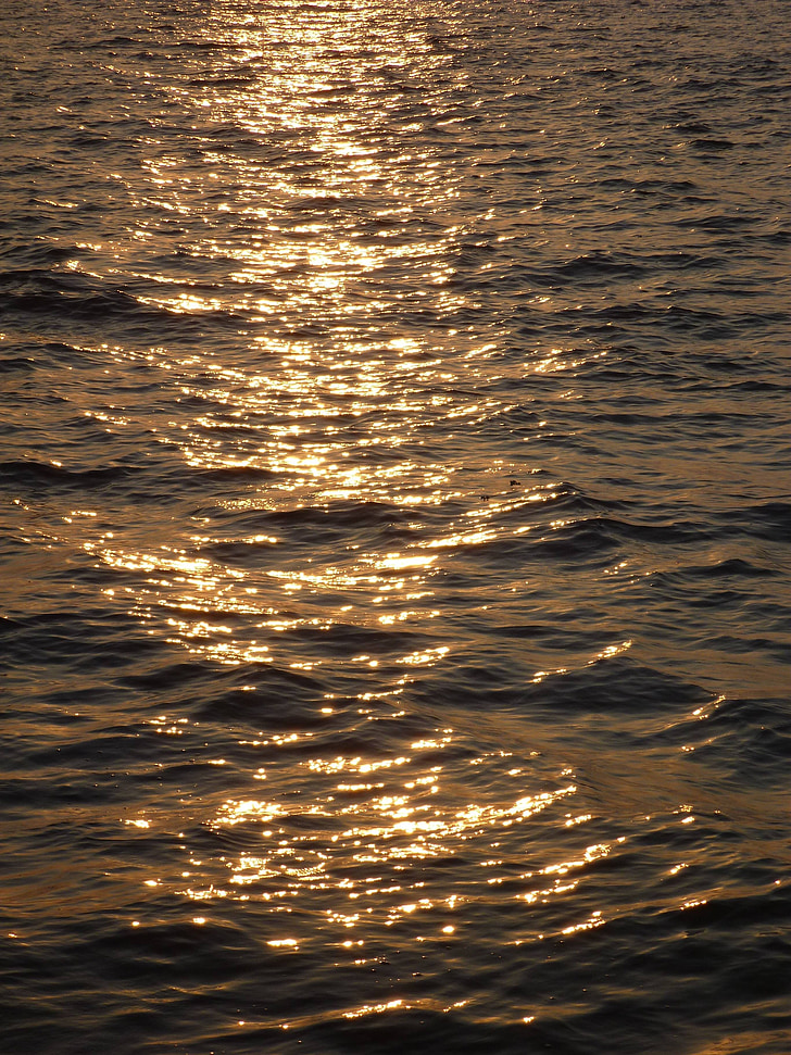 solnedgång, havet, vatten, vågor, lugn, reflexioner, Ripples