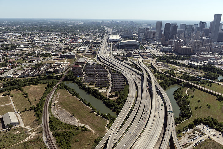 Aerial Houston Autobahnen anzeigen, Urban, Straßen, Verkehr, Stadt, Straßen, Reisen