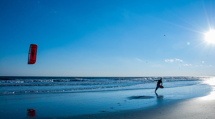 kite, beach, sky, fun, flying, ocean, activity