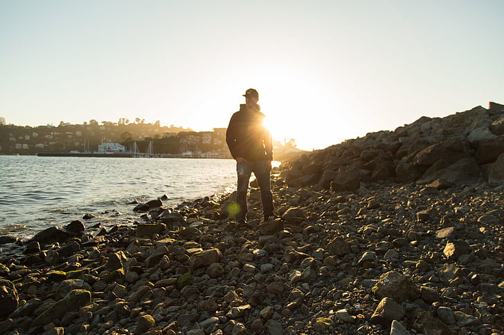 person, rocks, shore, sunrise, sunset, water, outdoors