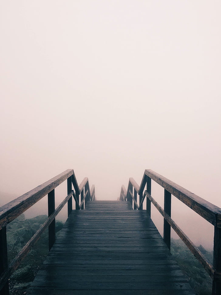 wooden bridge, foggy, bridge, fog, outdoor, path, mist