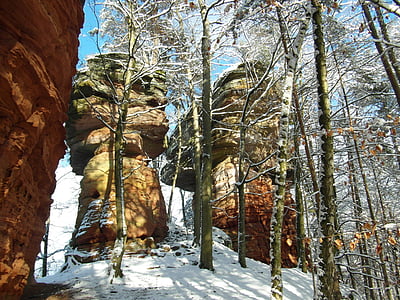 岩石, 普法尔茨, 砂岩, 冬天, 假日, 徒步旅行, 山