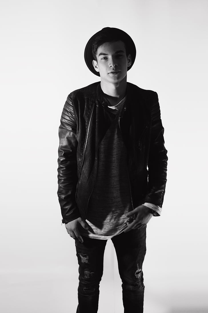 guy, jacket, leather, in hat, black clothes, studio, white background