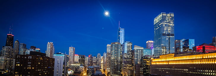 Чикаго, град, градски пейзаж, лунна светлина, нощ, Нощен светлини, небостъргач