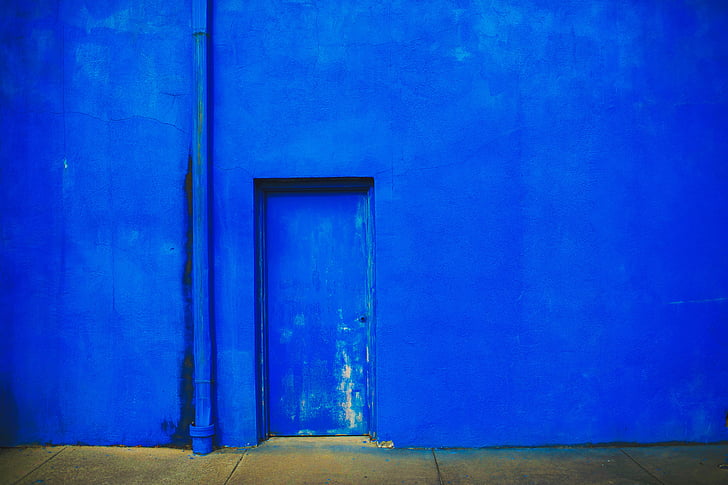 niebieski, betonu, ściana, drzwi, ściany - funkcja budynku, Architektura, stary