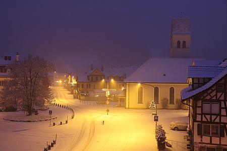 hó, romantikus, falu, havas, hangulat, fény, hideg