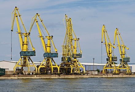romania, bank of the danube, cranes from eberswalde, port, harbour cranes, inland waterway transport, warehouses