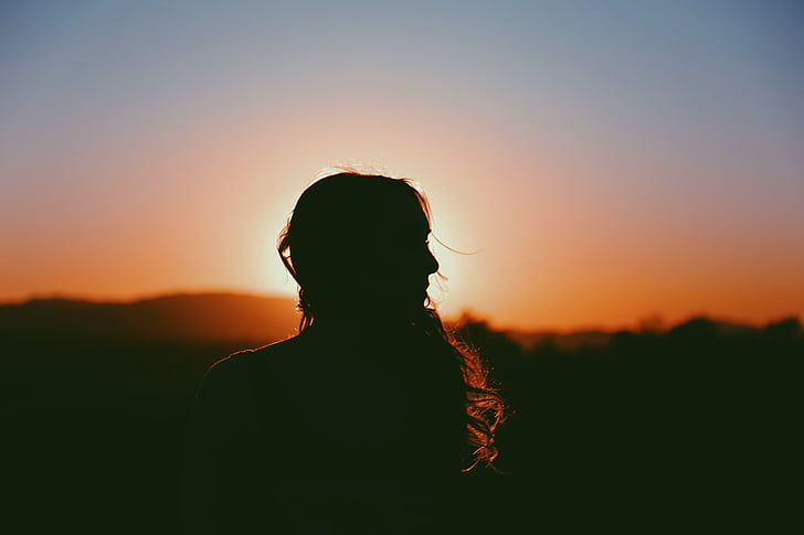 silhouette, woman, facing, sunset, girl, looking, dusk