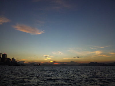 Puerto, mar, puesta de sol, paisaje urbano, cielo, al atardecer, Hong Kong