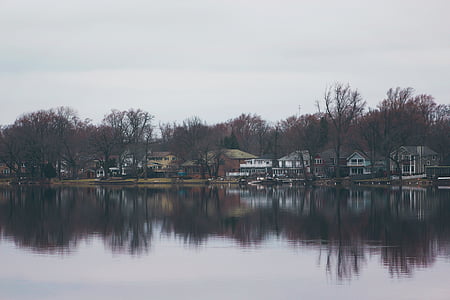 houses, lake, reflection, sky, trees, village, water