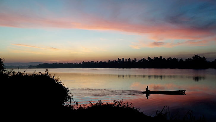 sunrise, sky, river, mekong river, rowboat, fishing, bright