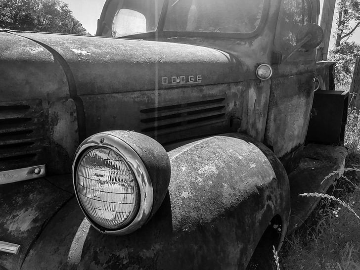 escala de grises, Foto, Dodge, tractor, Vintage, luces, transporte