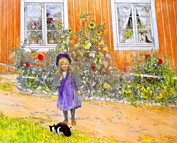 art, painting, girl with bread-and-butter, image section, watercolour, artist carl larsson, sweden