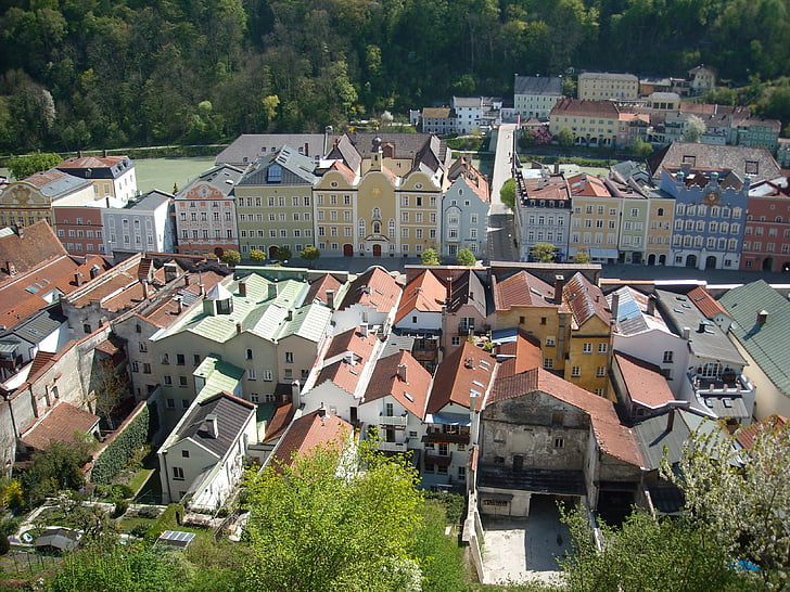 ブルクハウゼン, 上部のババリア, 中間年齢, 歴史的な街, 町の広場, オーストリアを探してください。, 城の景色