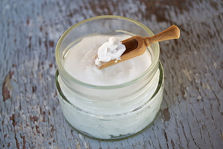 coconut oil on wooden spoon, coconut oil in glass jar, oil, white, glass, healthy, jar