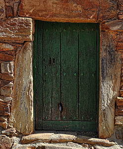 porta, fusta nua, vell, entrada, sortida, arc, edifici