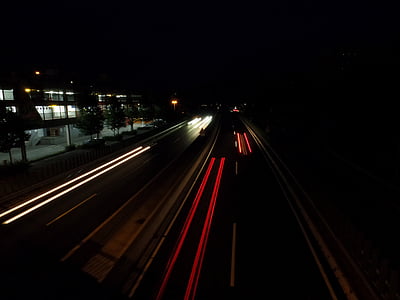 道路, 公路, 晚上, 灯, 长时间曝光, 聚光灯下, 回光