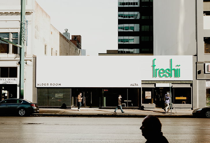 places, city, people, walking, restaurant, freshii, sign