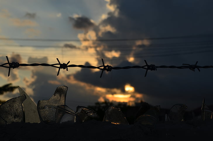 barb wire, wire, gloomy sky, barbed, fence, protection, border