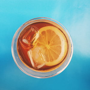 lemon, fruit, clear, drinking, glass, iced tea, blue background