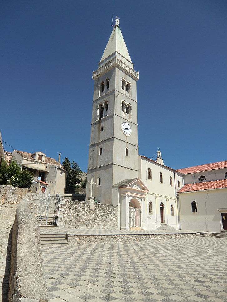 mali losin, church, tower, croatia, architecture, europe, town