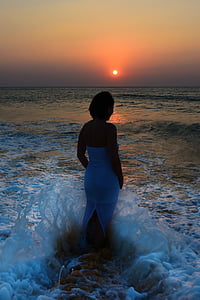 solnedgång, havet, kvinna, vid vattnet, stranden, ljus, Sky