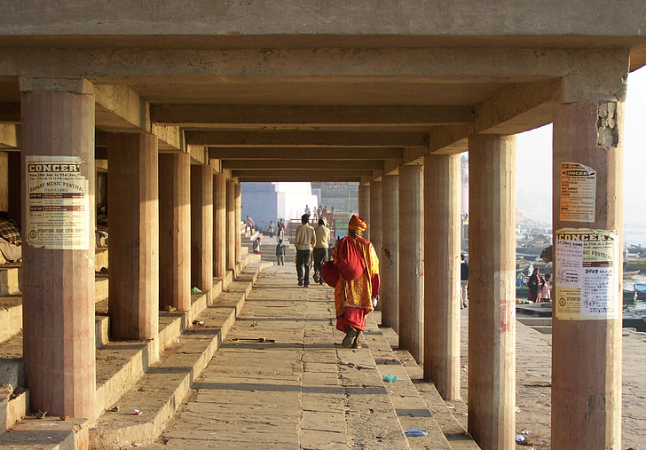walking, robes, red, pillars, man, men, sidewalk