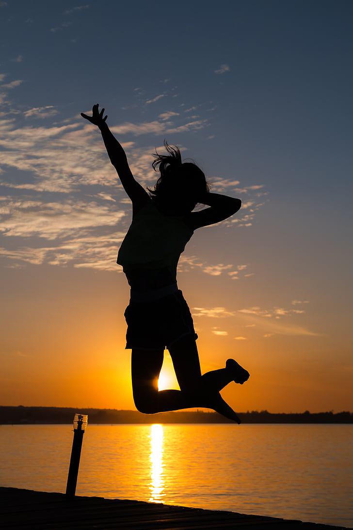girl, jumping, back-light, sunset, silhouette, women, outdoors