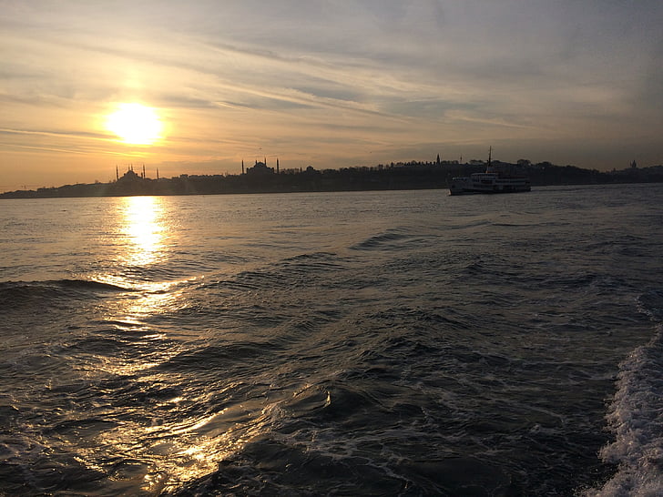 město, Istanbul, světlo, Západ slunce, Příroda, voda, řeka