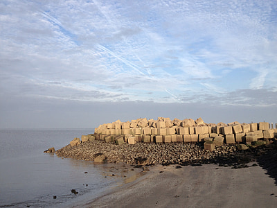 Molo, nutekamasis griovys, sienos, akmenys, Šiaurės jūra, akmens blokų