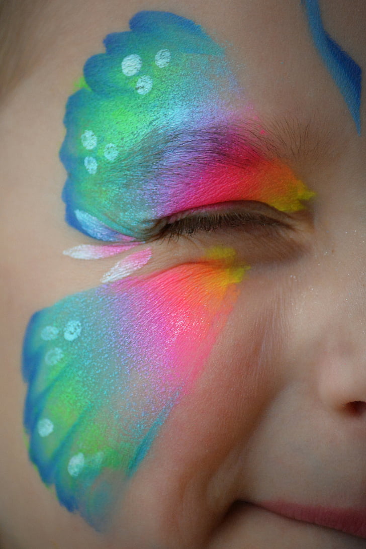 child, wink, eye, butterfly, face paint, girl, colorful