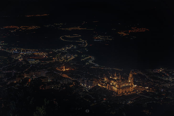 aerial, view, castle, nighttime, cityscape, city, night