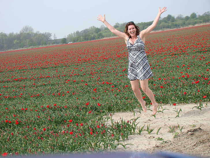 tulip, flowers, spring, red, colorful, jump, human arm