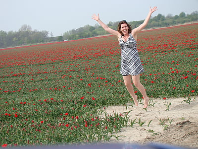 Tulip, blomster, forår, rød, farverige, hoppe, menneskelige arm