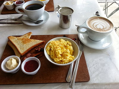 scrambled eggs, breakfast, coffee, latte, eggs, toast, brunch