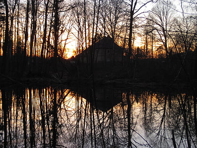 sunset, evening, lake, mirroring, home, forest, landscape