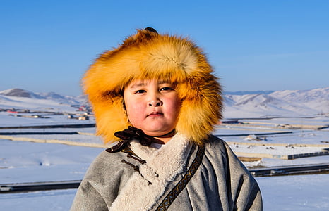 chłopiec, zimowe, dziecko, Mongolia, śnieg, zimno, kapelusz