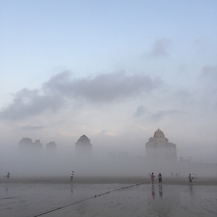 dimma, tidigt på morgonen, höga byggnader