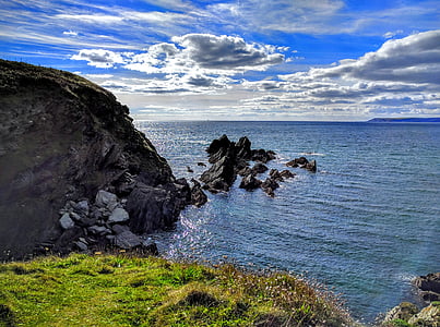 roches, mer, Côte, Cornwall, nuages, horizon, paysage marin