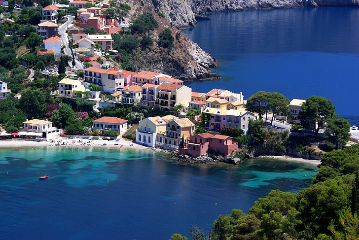 havsvik, Assos village, ön Kefalonia, Grekland, färg, havet, sommar